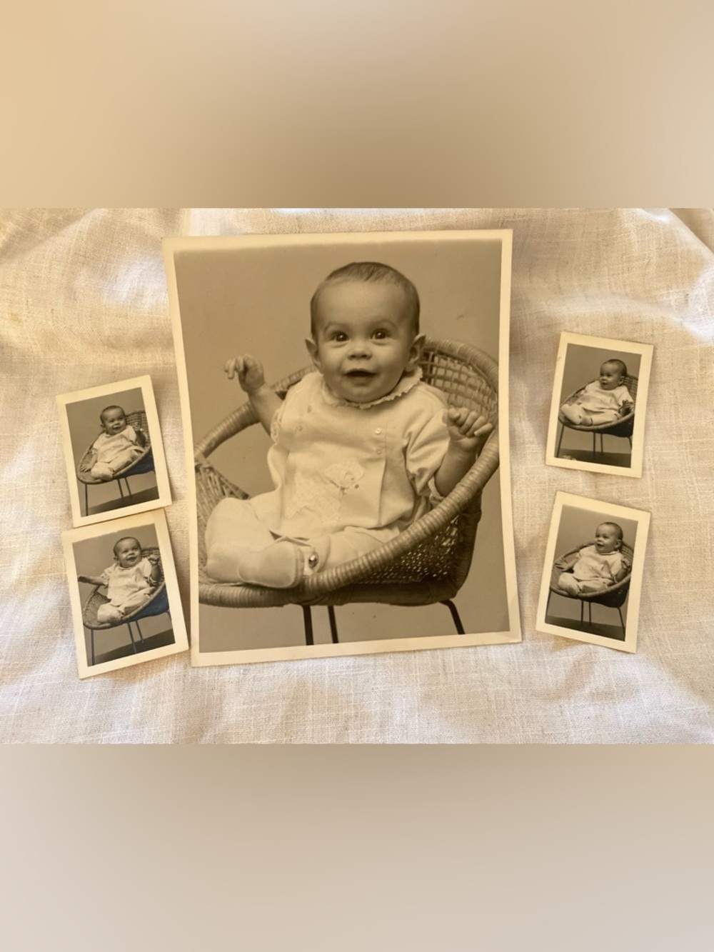 Vintage Baby Photograph Lot in Wicker Chair - Sepia Black & White